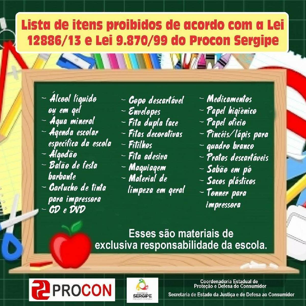 Lista com itens de material escolar totalmente proibidos de serem exigidos pelas instituições de ensino (Imagem: Divulgação/Procon/SE)