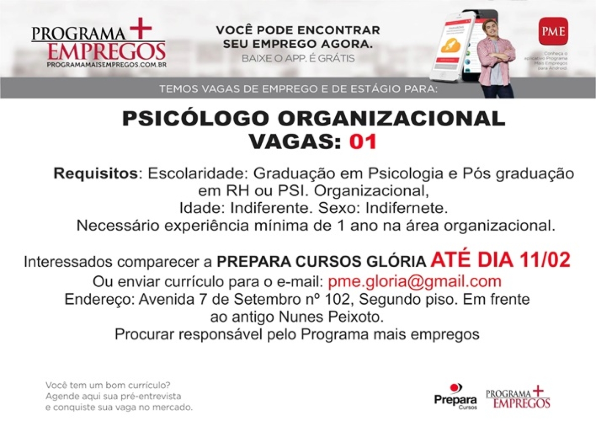 Empresa abre vaga de emprego para psicólogo em Glória (Imagem: Divulgação)