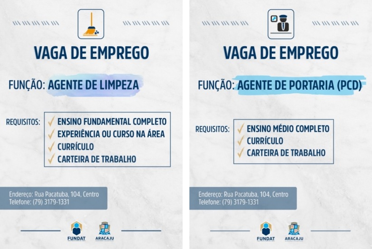 Fundat: vagas abertas para Agente de Portaria (PCD) e Agente de Limpeza (Imagens: Fundat)