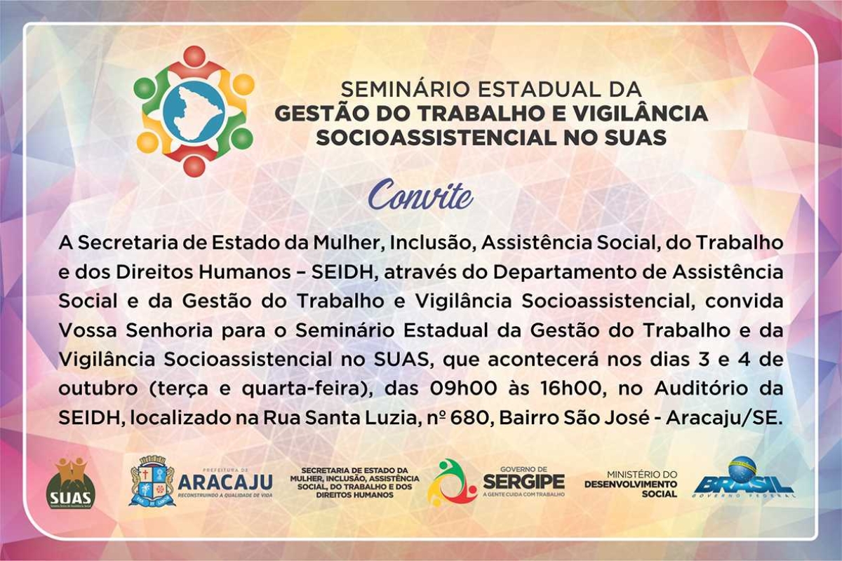 Seminário Estadual de Gestão do Trabalho e da Vigilância Socioassistencial discutirá fortalecimento do SUAS em Sergipe (Imagem: Divulgação/Seidh/SE)