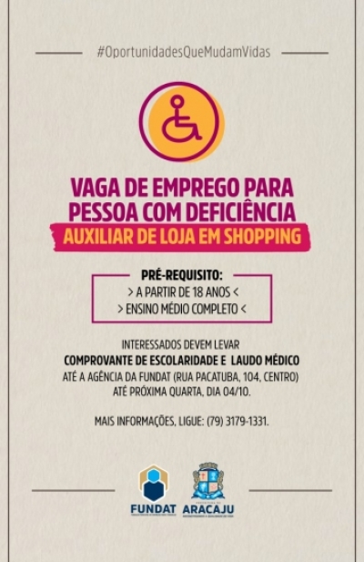 Vaga de emprego para auxiliar de loja em shopping (PCD) (Imagem: Fundat)