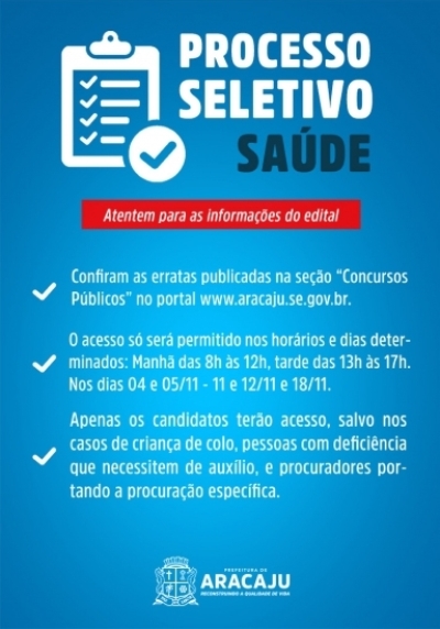 Candidatos do Processo Seletivo da Saúde de Aracaju devem ficar atentos para entrega de documentos (Imagem: Divulgação/PMA)
