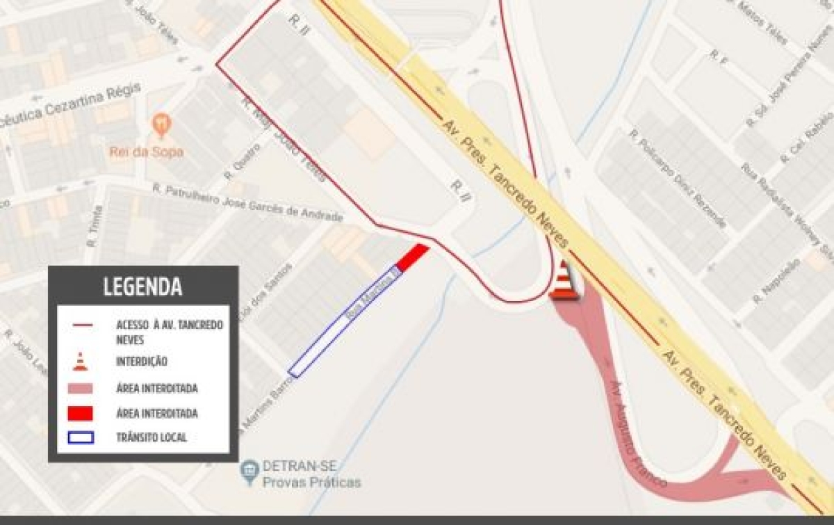 Acesso à av. Tancredo Neves pela Augusto Franco será fechado temporariamente (Imagem: SMTT/Aracaju)