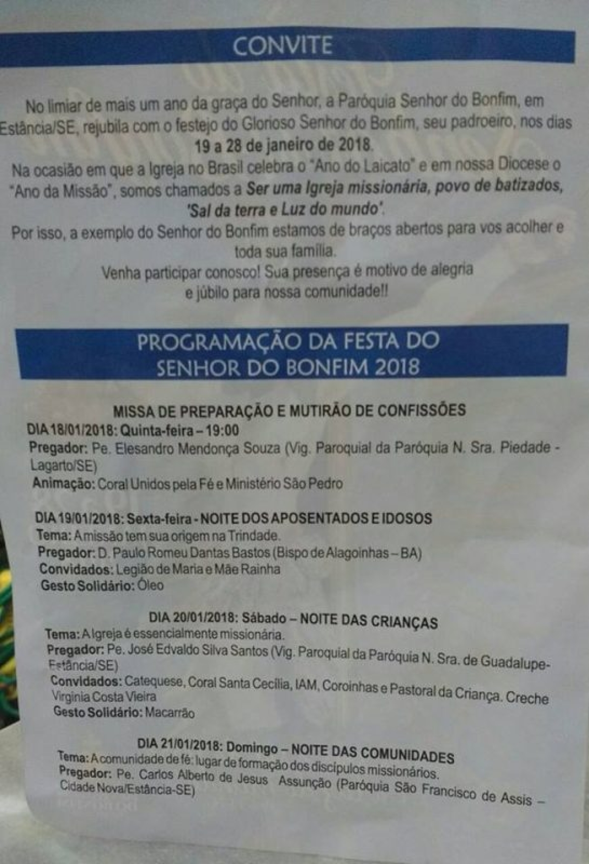 Programação da Festa do Senhor do Bomfim em Estância (Imagem: Divulgação)