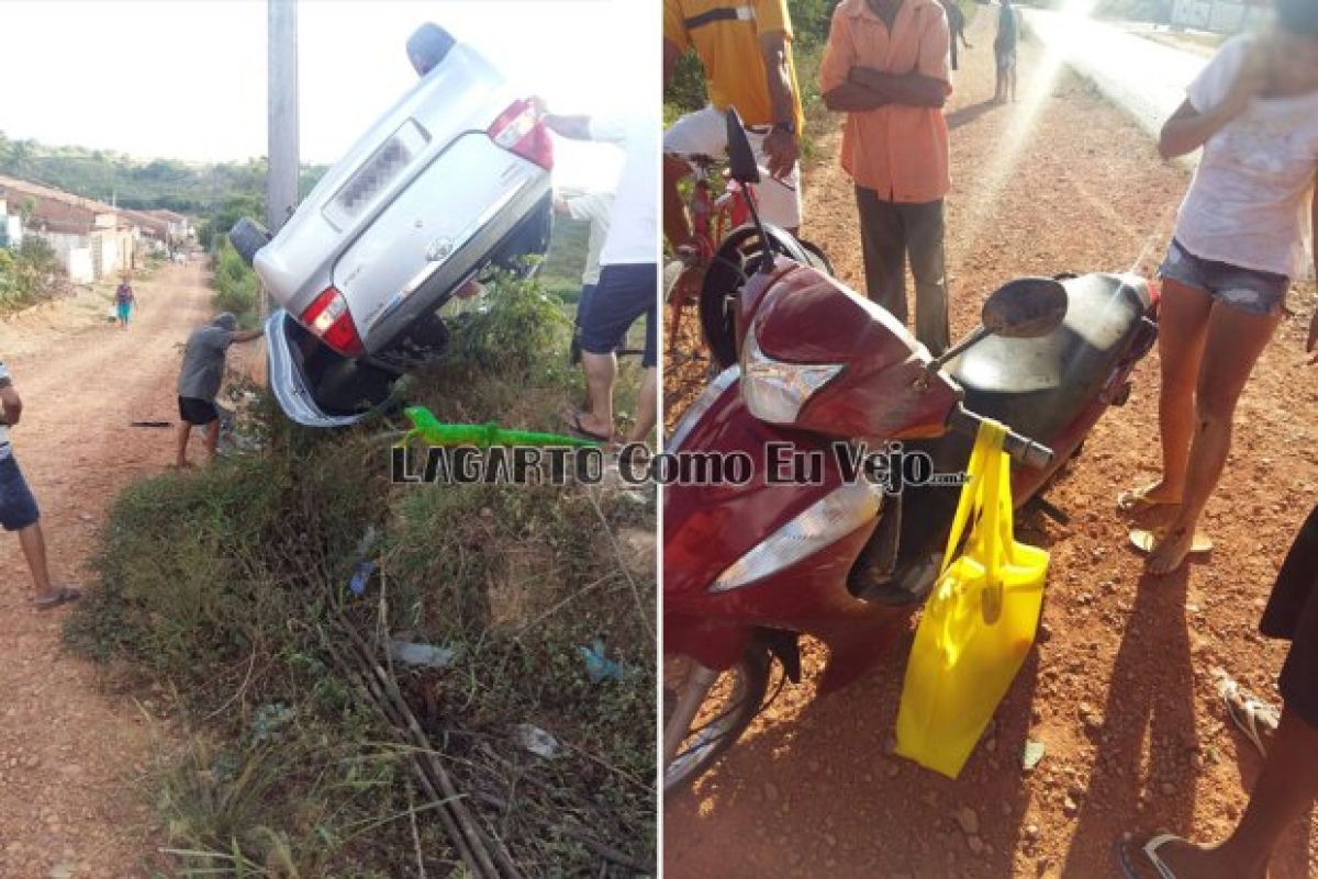 Sem controle, veículo atinge moto e capota (Foto: Lagarto Como Eu Vejo)