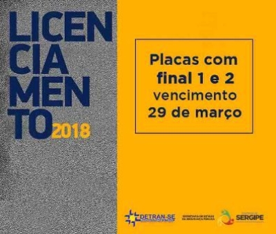 Pagamento do licenciamento para placas final 1 e 2 vencem nesta quinta, 29  (Imagem: Detran/SE)
