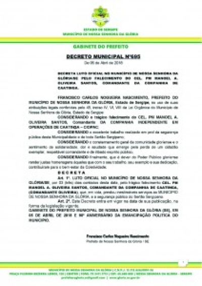 O Município de Nossa Senhora da Glória decreta Luto Oficial pelo Falecimento do Capitão Oliveira (Imagem: Reprodução/ Decreto)