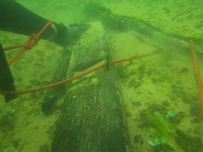 Mergulhador da FPI analisando o naufrágio da embarcação encontrada em Porto da Folha (Foto: Assessoria FPI/SE)