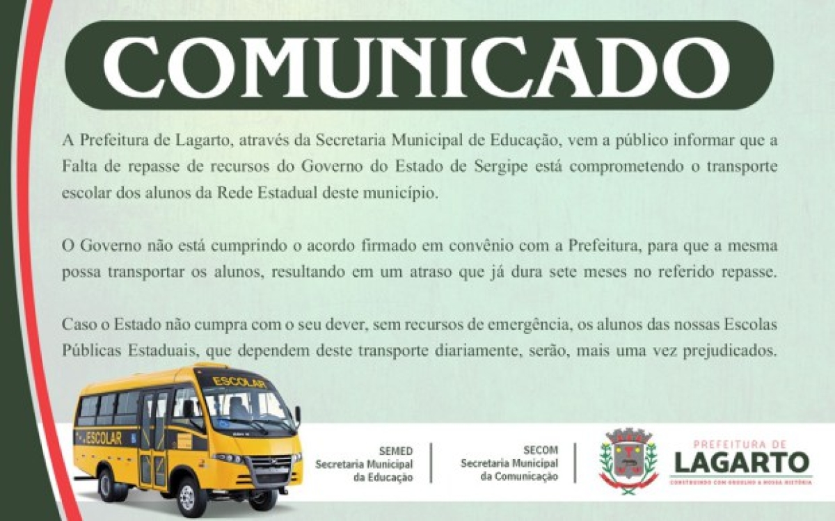 Prefeitura de Lagarto diz que falta de repasse de recursos do Governo está comprometendo o transporte de alunos (Imagem: Prefeitura de Lagarto)