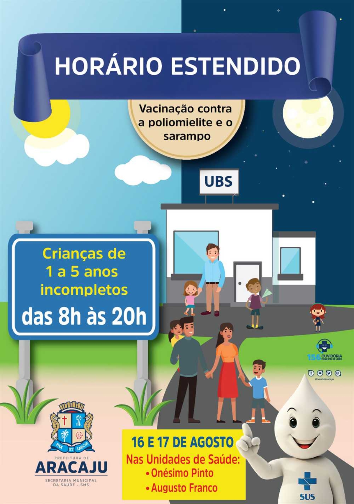 Aracaju vai vacinar em horário estendido durante a campanha contra sarampo e poliomielite (Imagem: SMS/Aracaju)