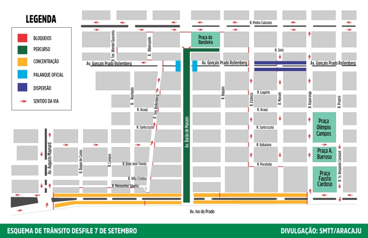 7 de setembro: confira o esquema de trânsito para o desfile cívico na Barão de Maruim (Imagem: SMTT/Aracaju)