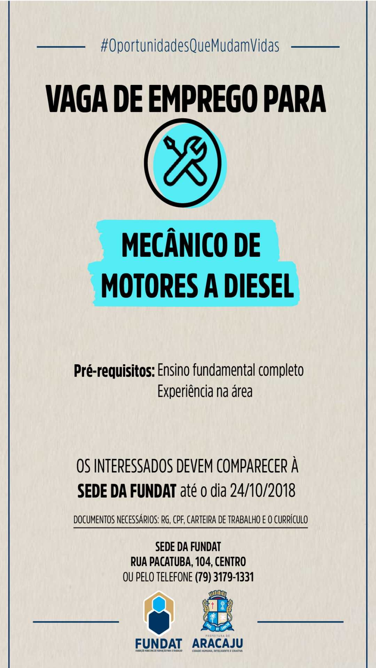 Fundat/Aracaju oferta vagas de emprego para mecânico de motores a diesel (Imagem: Divulgação/ Fundat/Aracaju)