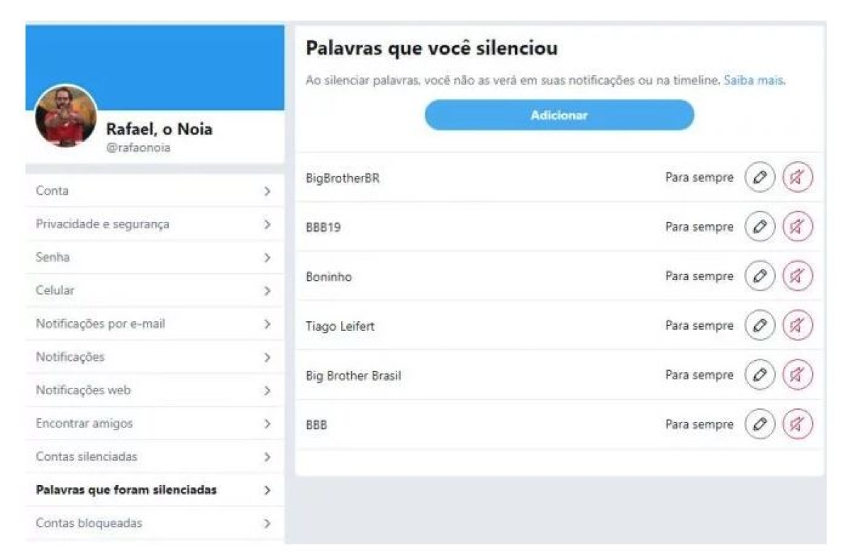 Ao acessar o menu de palavras silenciadas, é possível ver uma lista de todas que estão sendo bloqueadas pela rede social (Imagem: Captura de tela/ Rafael Rodrigues/ Canaltech)