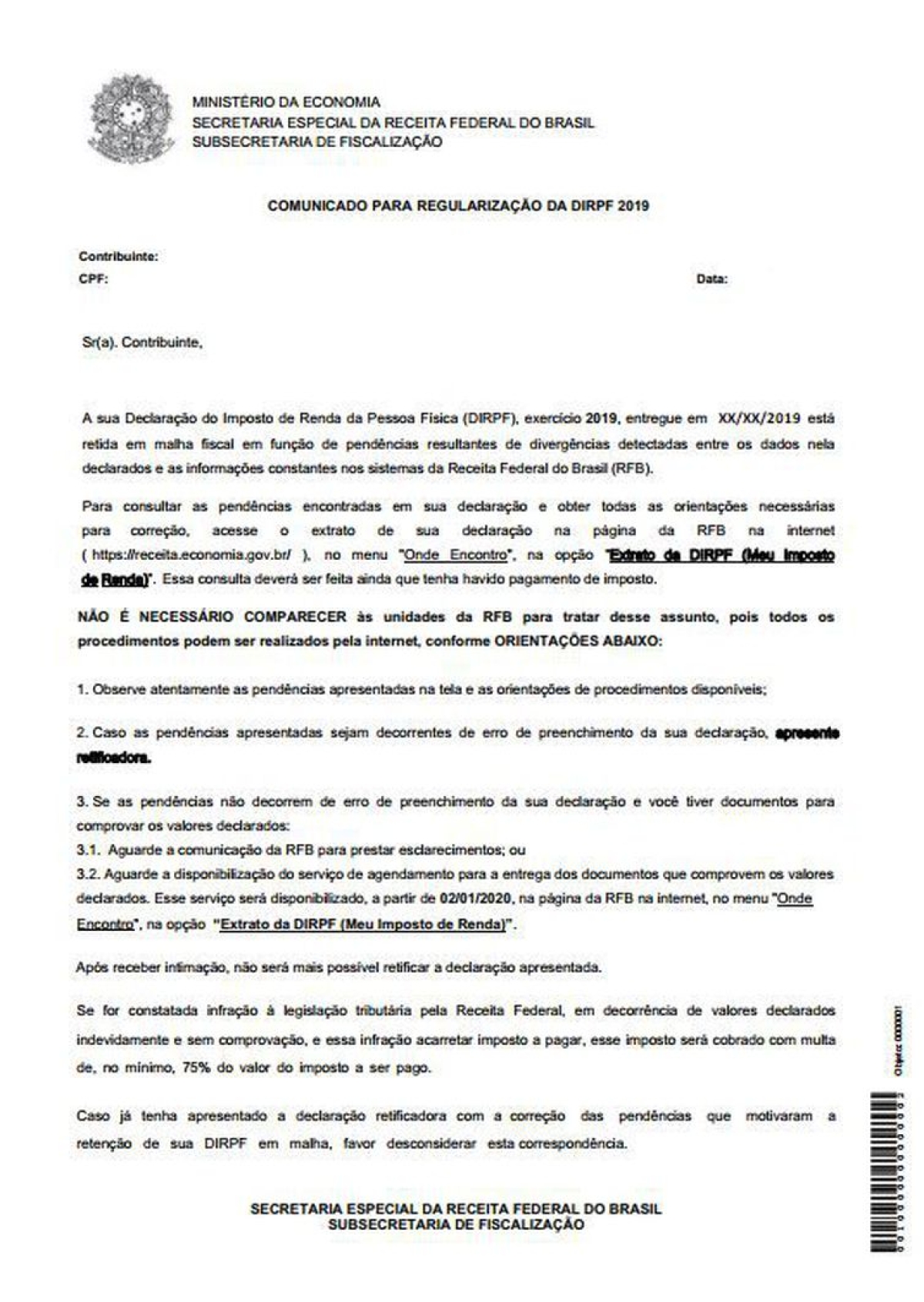 Modelo de carta enviada pela Receita Federal (Imagem: Receita Federal)
