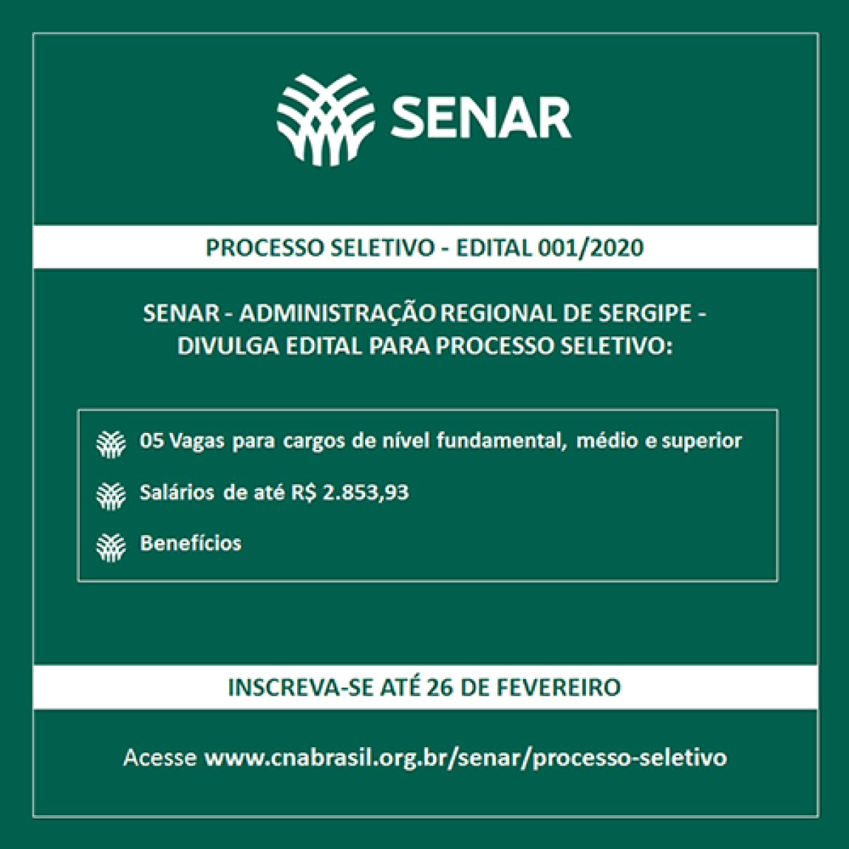Senar Sergipe abre processo seletivo para diversas áreas (Imagem: Divulgação/ Senar/SE)