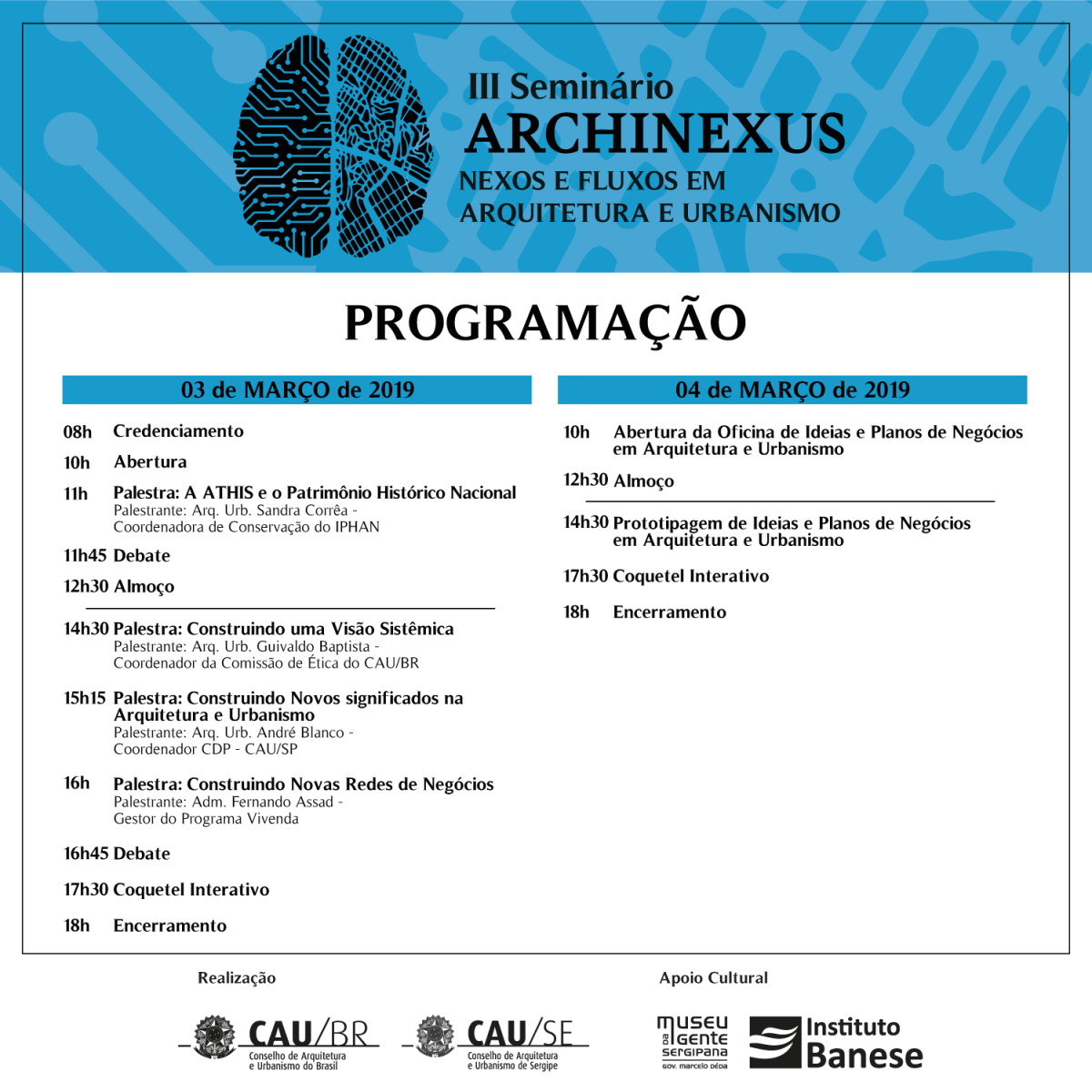 Programação do 3º Seminário Internacional de Valorização Profissional "Archinexus" (Imagem: CAU/SE)