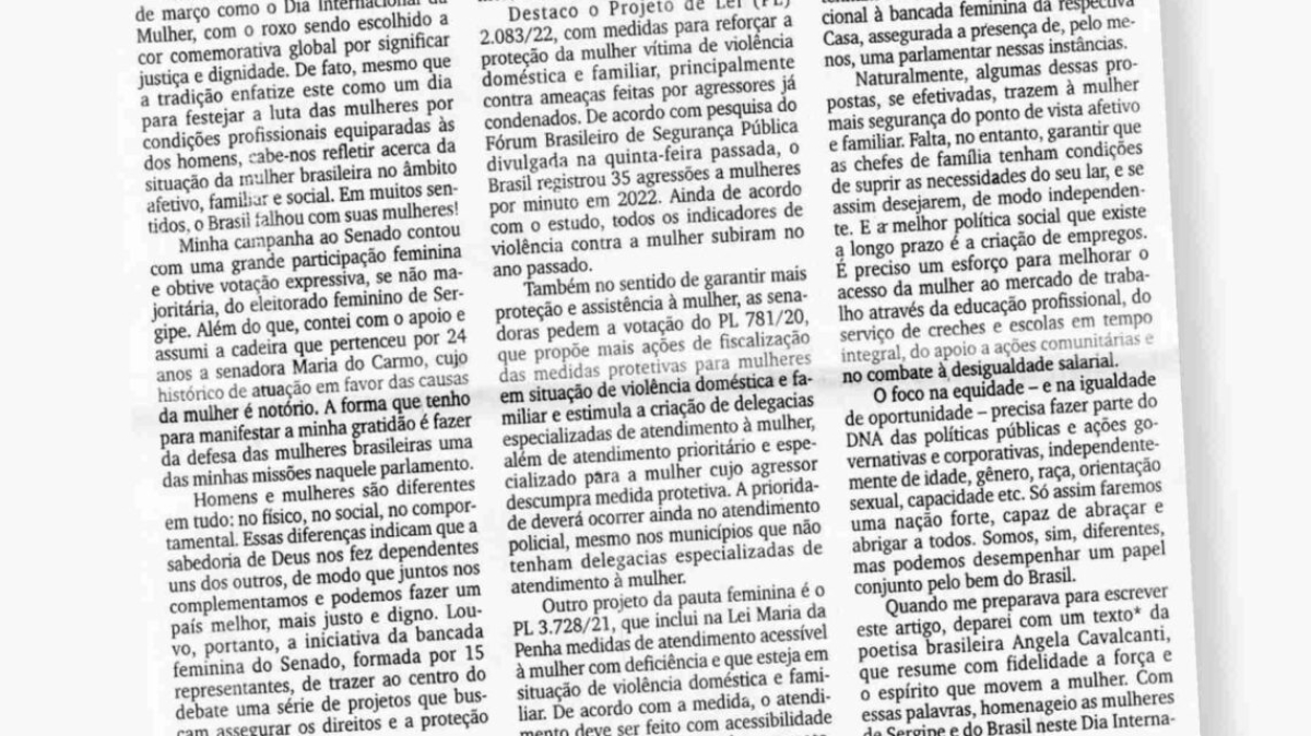 A você, mulher sergipana, mulher brasileira - Imagem: Reprodução