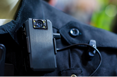 Detalhe de policial de uniforme escuro, na altura do ombro, onde se nota a câmera corporal - 
Foto ilustrativa: Canva