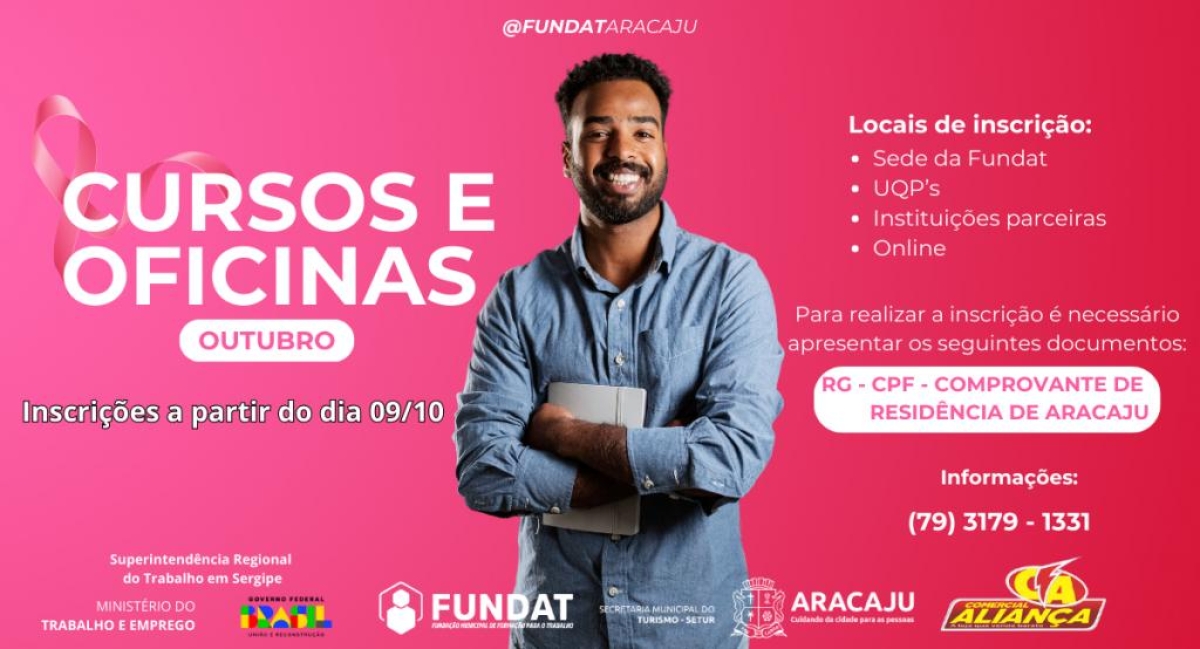 Fundat ofertará 38 cursos e oficinas de qualificação gratuitos no mês de Outubro - Arte: Ascom Fundat | Prefeitura de Aracaju