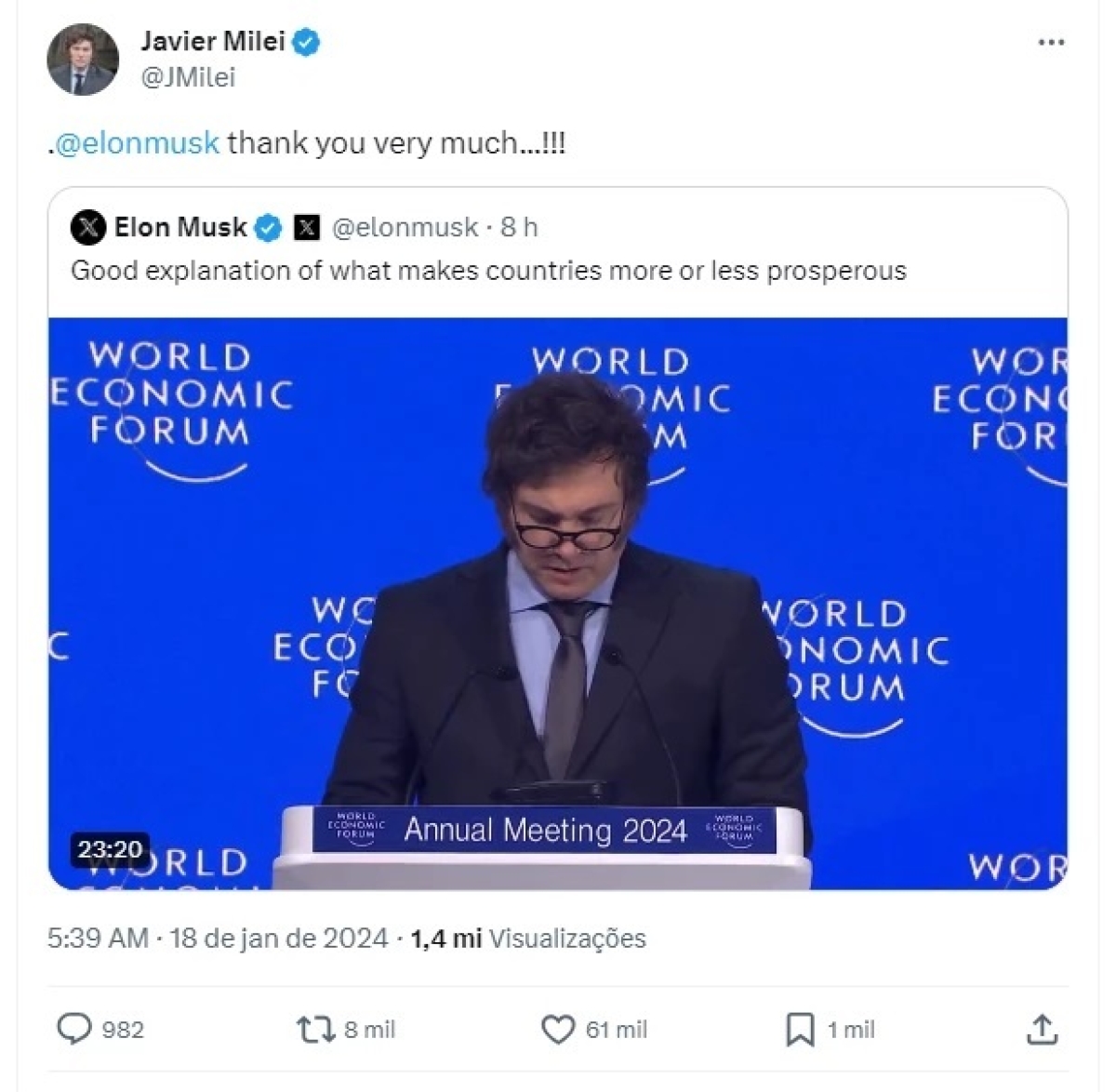 Milei agradece a Musk por elogiar seu discurso em Davos - Imagem: Reprodução | Twitter | @elonmusk