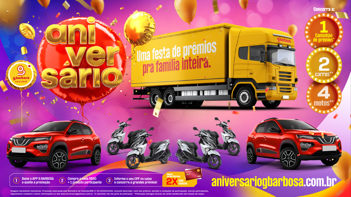 Aniversário GBarbosa sorteará carros, motos e um caminhão de prêmios - Imagem: Divulgação