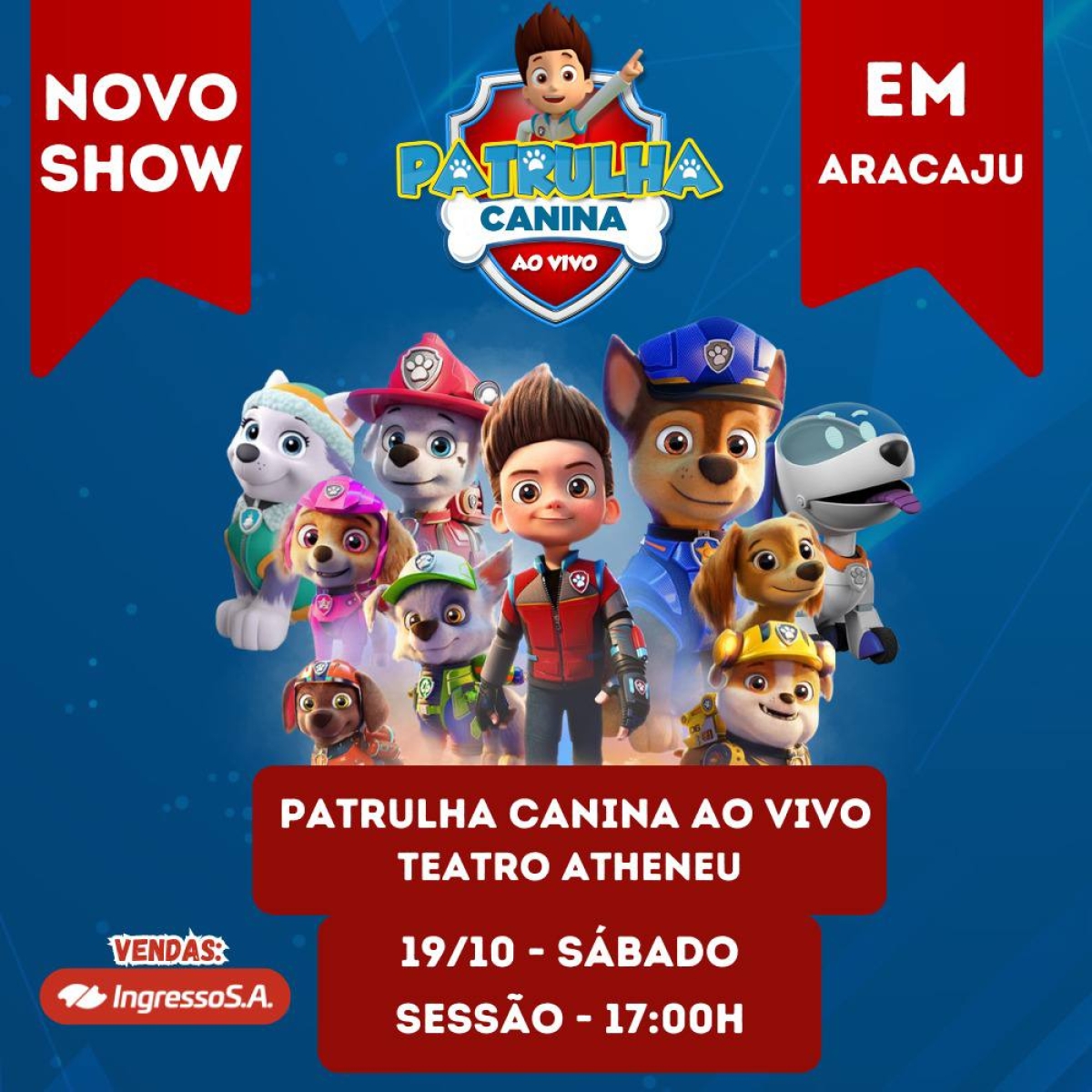Peça "Patrulha Canina Ao Vivo" retorna a Aracaju no próximo dia 19 de outubro - Foto: Divulgação/Martins Assessoria Digital e Marketing
