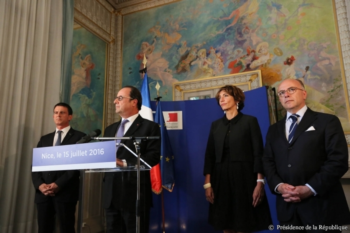 Presidente da Fran�a, Fran�ois Hollande, em coletiva de imprensa sobre os atentados terroristas em Nice (Foto: Elysee)