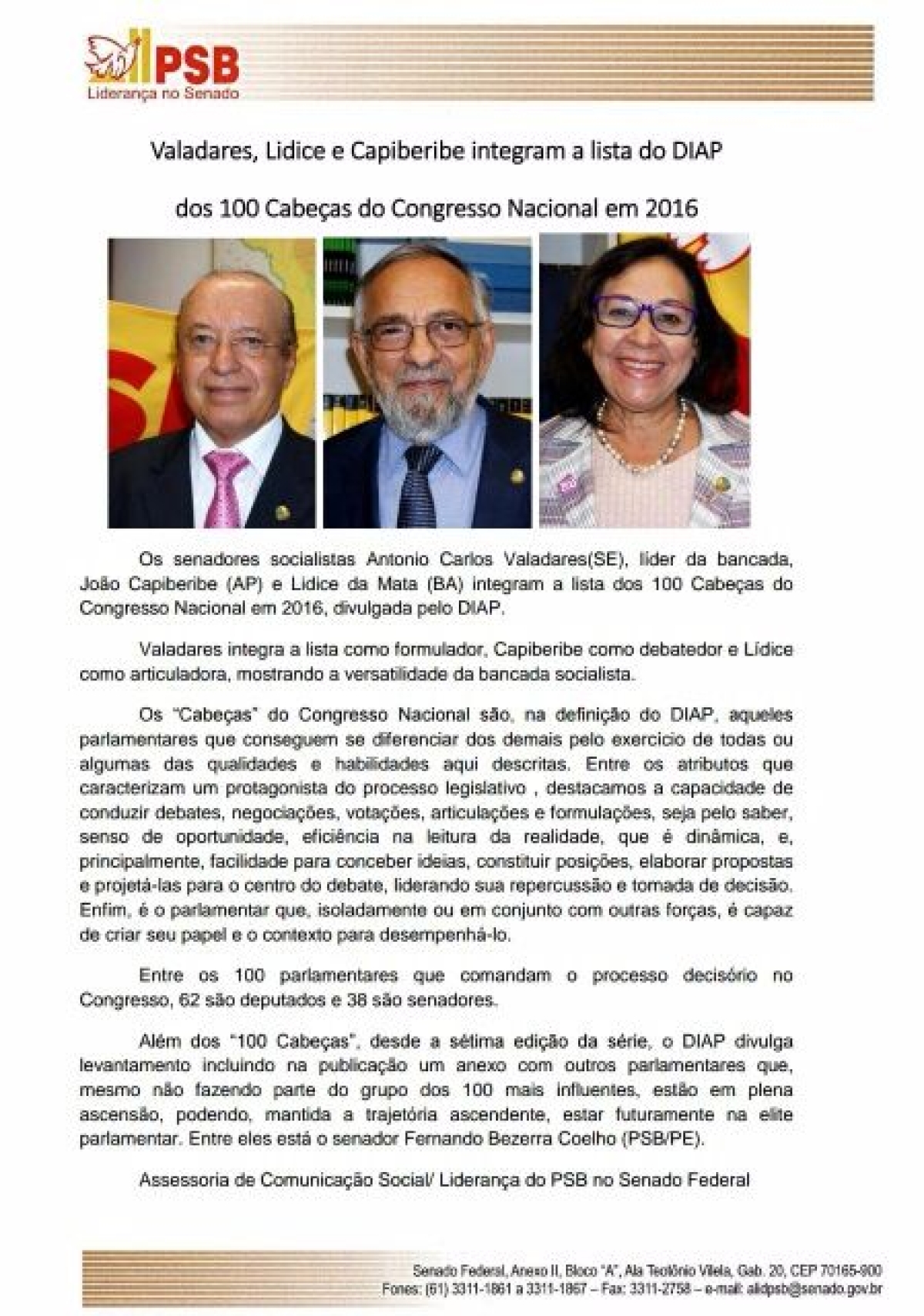 DIAP confirma Valadares entre  os 100 mais influentes do Congresso (Foto: Reprodu��o/PSB)