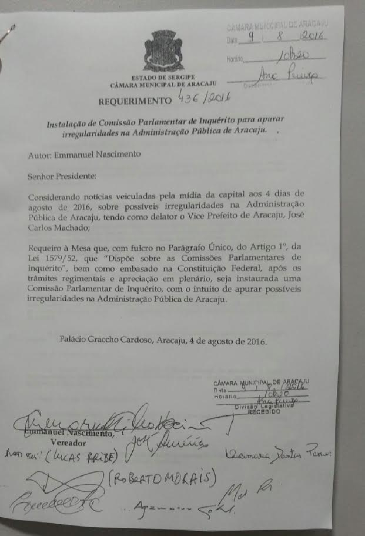 C�pia do documento protocolado (Foto: Assessoria Emmanuel Nascimento)