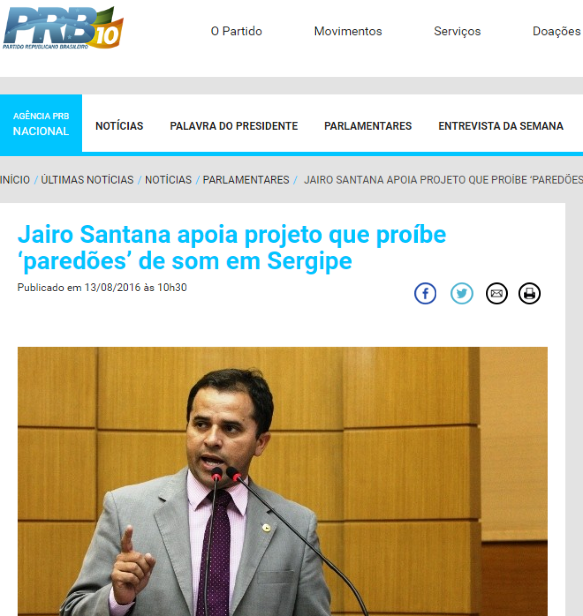 PRB divulga apoio de Jairo Santana a projeto de lei que pro�be pared�es em Sergipe (Imagem: Reprodu��o/PRB/Via Pingou Not�cias)