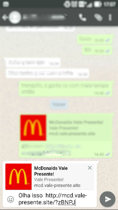 PSafe alerta: McDonald?s volta a ser isca em golpe no WhatsApp (Imagem: Reprodu��o/WhatsApp | Via Zeno Group)